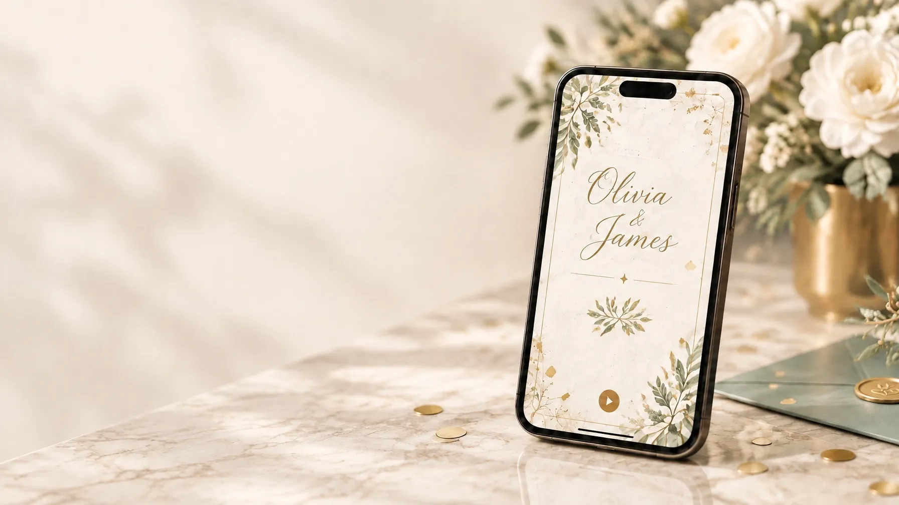An elegant botanical wedding invitation displayed on a phone beside white flowers